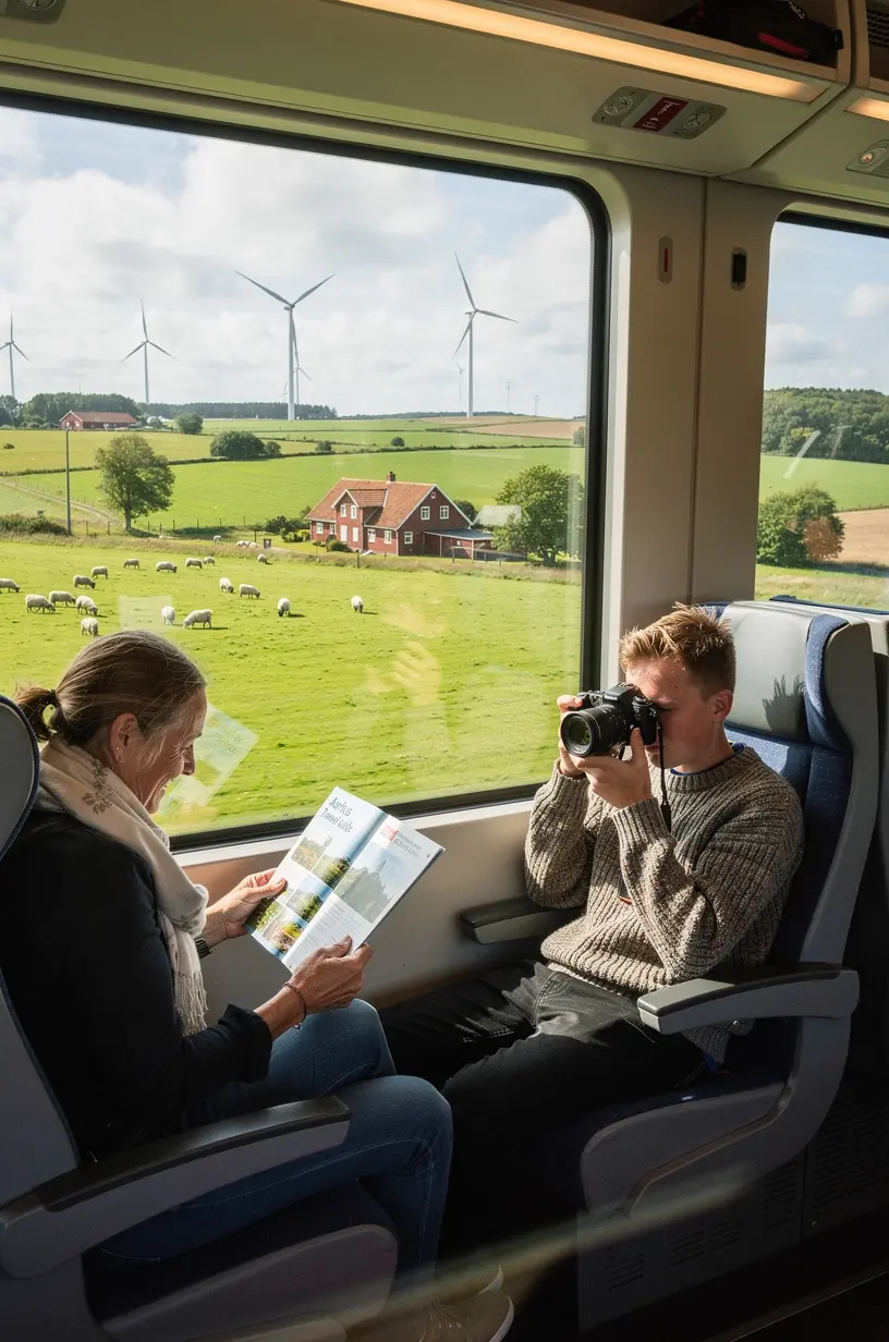 Kort over Danmark med togforbindelser mellem store byer og regionale seværdigheder.